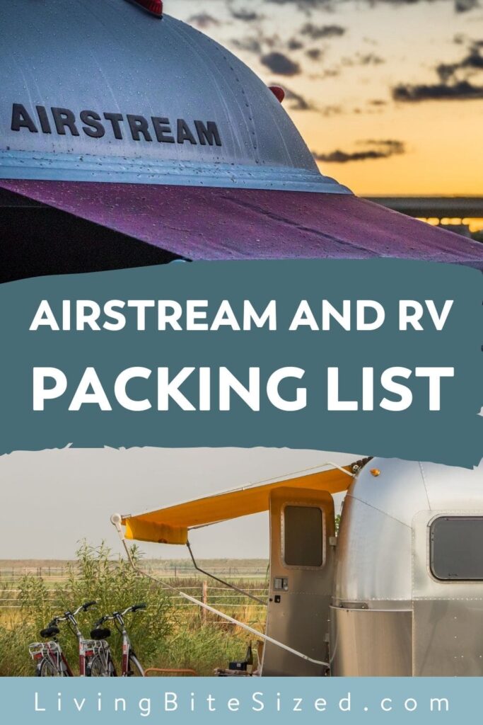 Pinterest image with text that says "airstream and rv packing list"